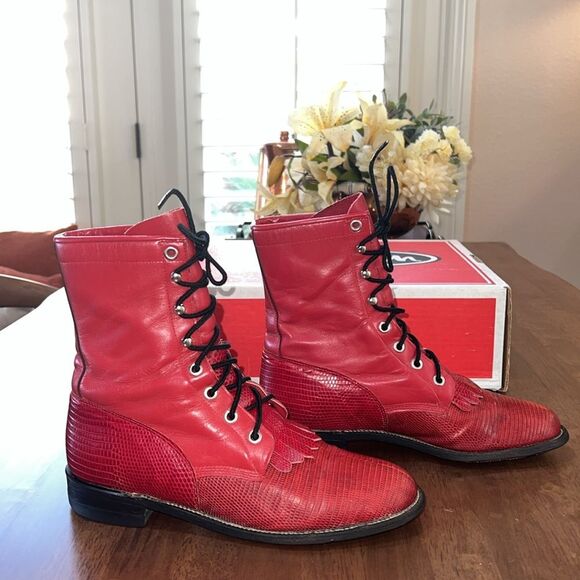 Vintage 1994 Justin Red Lizard & Kipskin Kilted Roper Boots Women’s 7.5B Rare - Picture 5 of 14